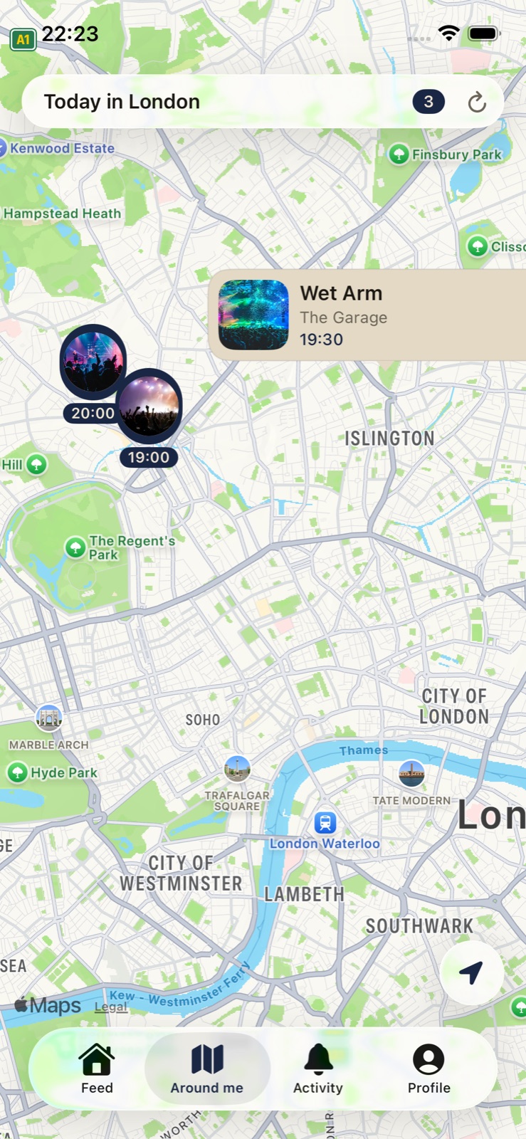 A map of concerts around London